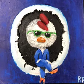 cool chicken in a suit painting