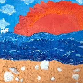 beach with sand, shells, sea and sun landscape painting