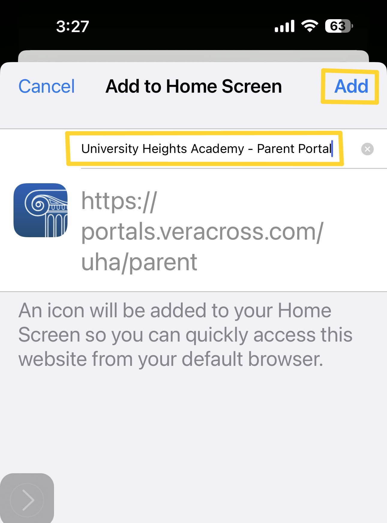 Screenshot of iOS Add to Home Screen