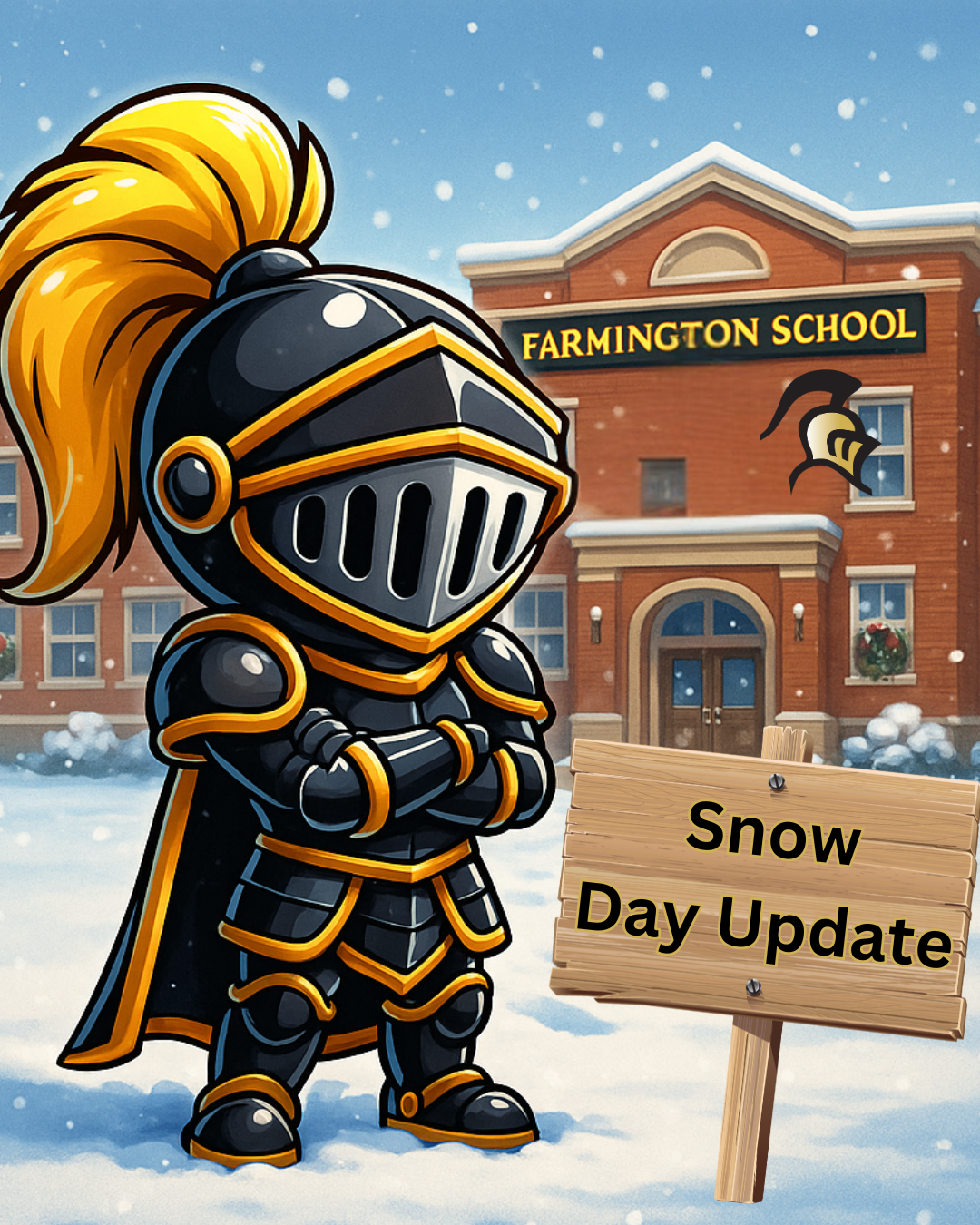 little knight with snow update sign in a snowy scene