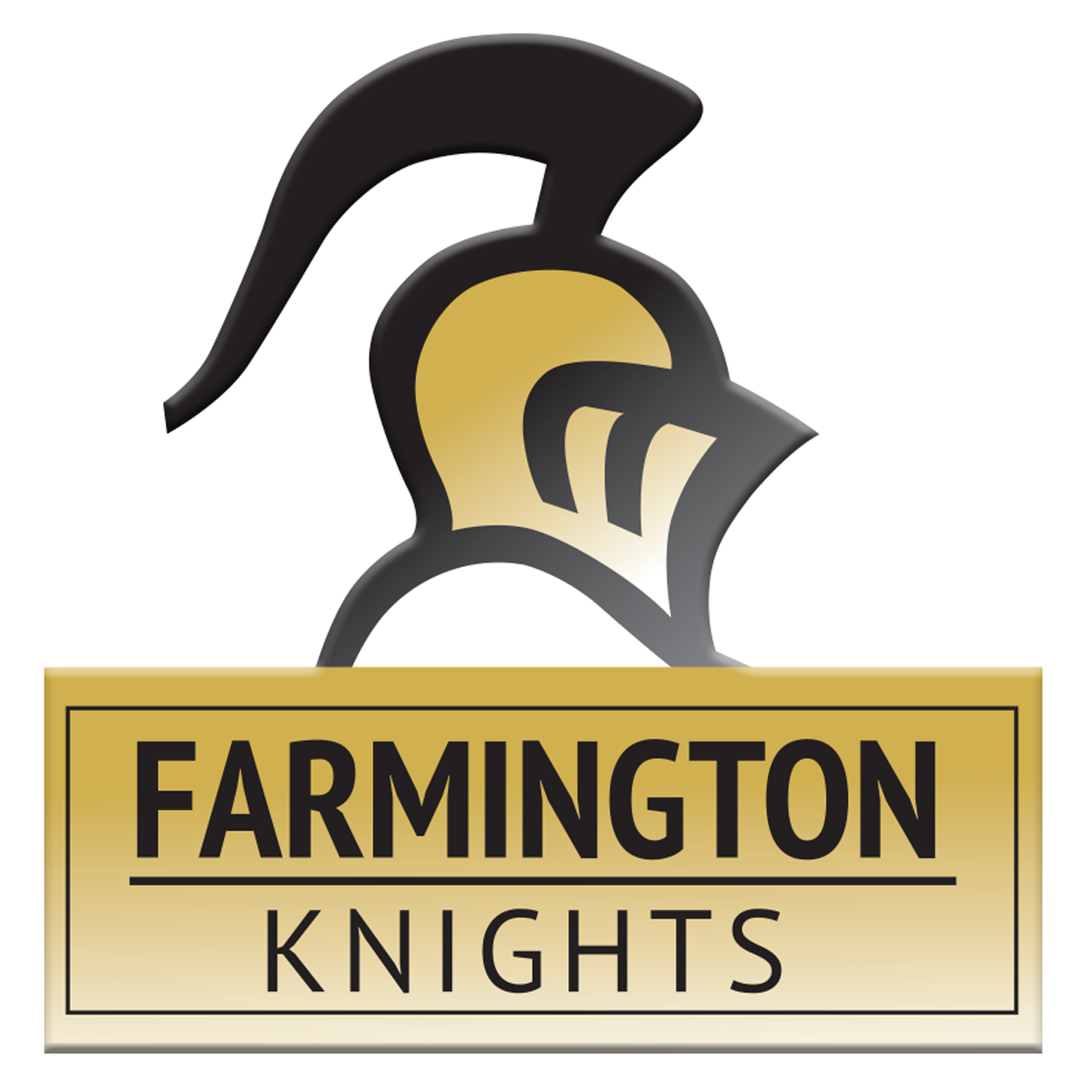 Logo with black background. Helmet graphic on top. "FARMINGTON" and "KNIGHTS" below.
