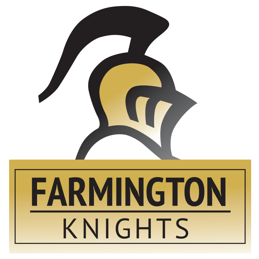 Black background with a yellow helmet logo above a gold rectangle reading "FARMINGTON" and "KNIGHTS" in white.