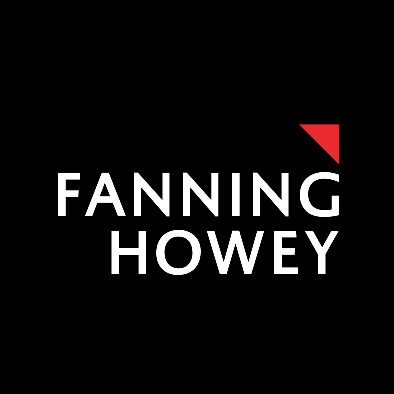 Black background with the "Fanning Howe" logo in white text. A red triangle logo sits above the text.