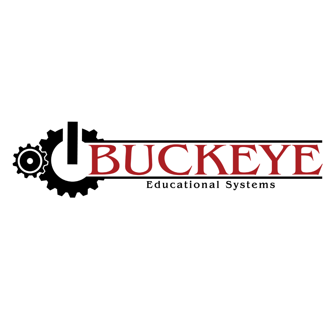 Logo features a gear with a red "I" inside. Text "BUCKEYE Educational Systems" is in red. White background.