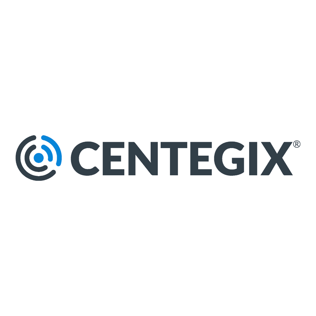 Logo for Centegix with blue symbol on left and white text on right against white background.