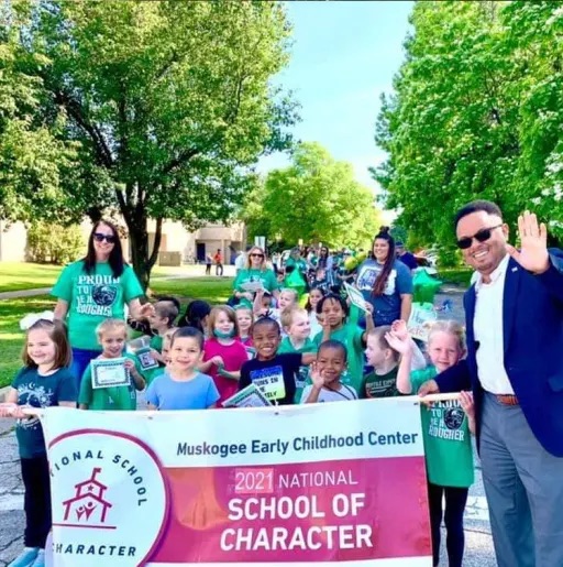 school marching outside of school