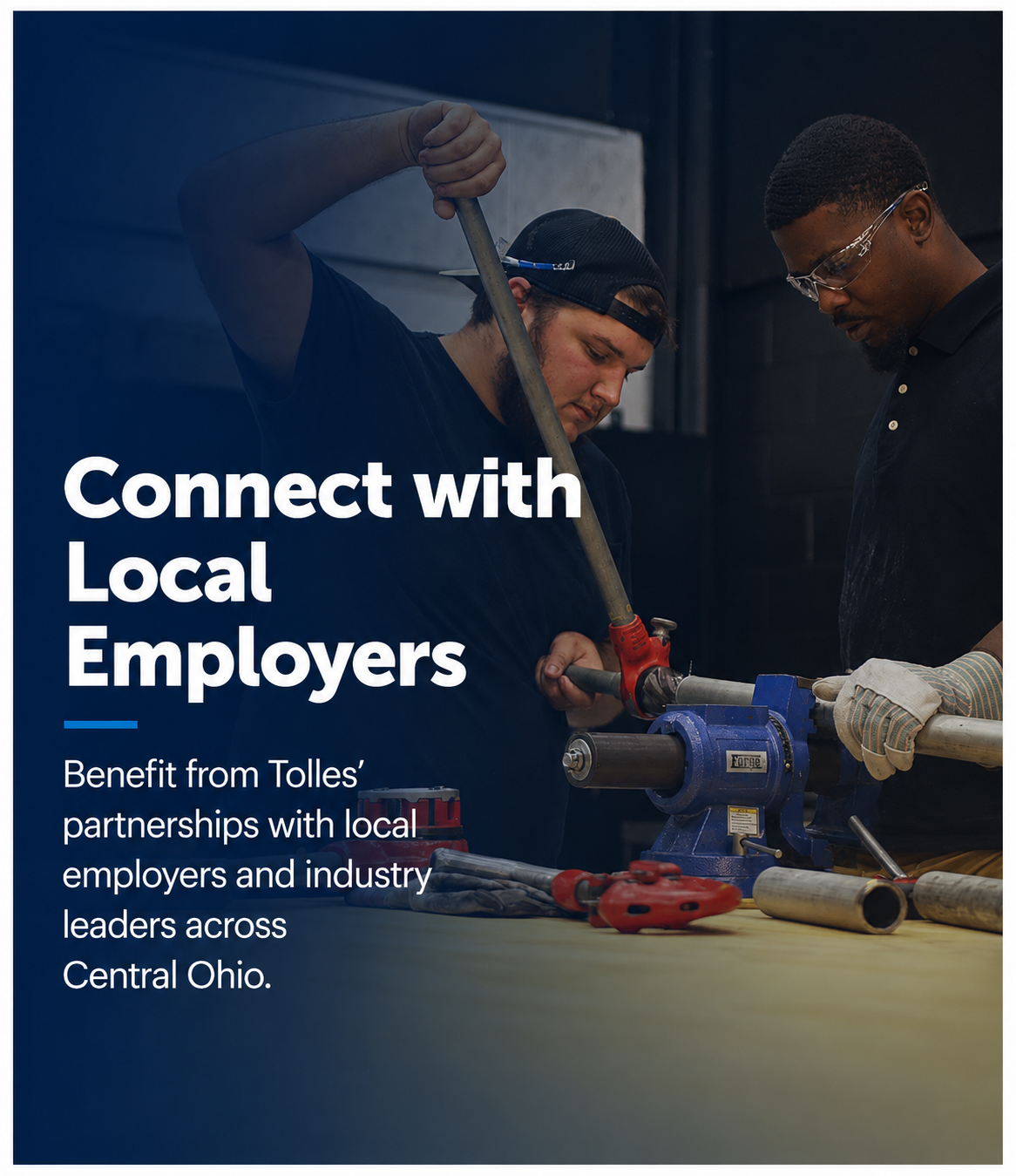 Two men in black shirts and protective gear working on machinery in a workshop. Text reads "Connect with Local Employers".