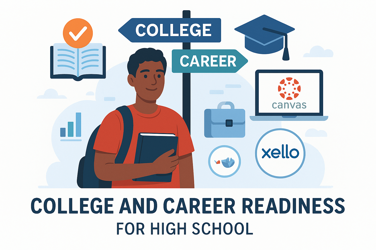 High school student holding a book stands in front of directional signposts labeled "College" and "Career." Background features icons representing education and career readiness, including a graduation cap, briefcase, open book with checkmark, and logos for Canvas and Xello. Text at the bottom reads: "College and Career Readiness for High School