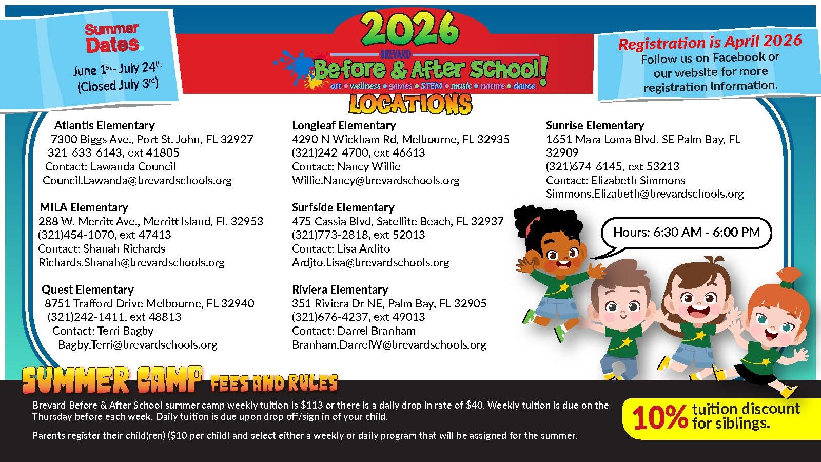 Brevard Before & After School Summer Camp info. Registration opens online on April 23rd, 2026.