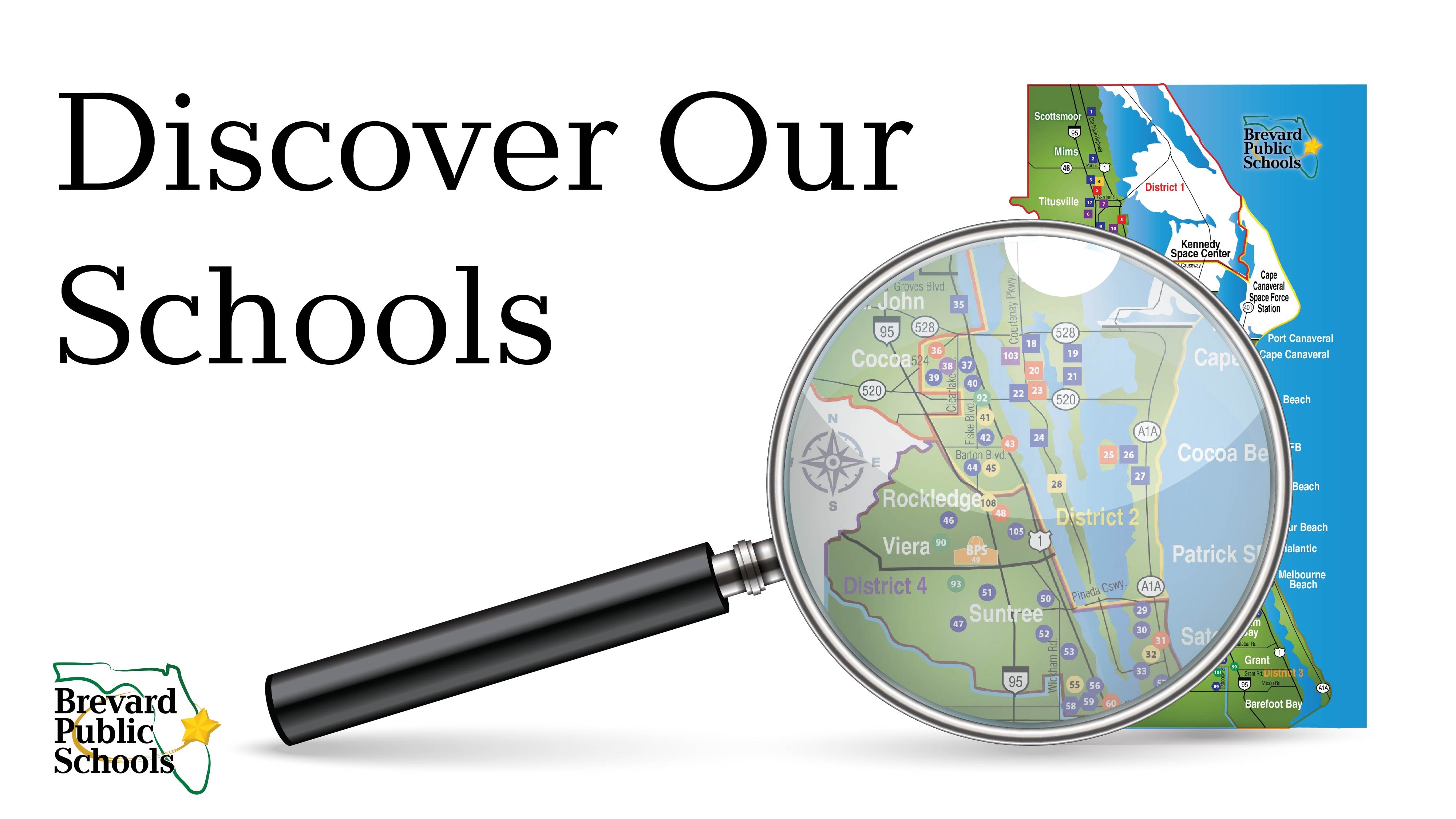Discover our Schools with Brevard public schools logo and a magnifying glass hovering over the county district map