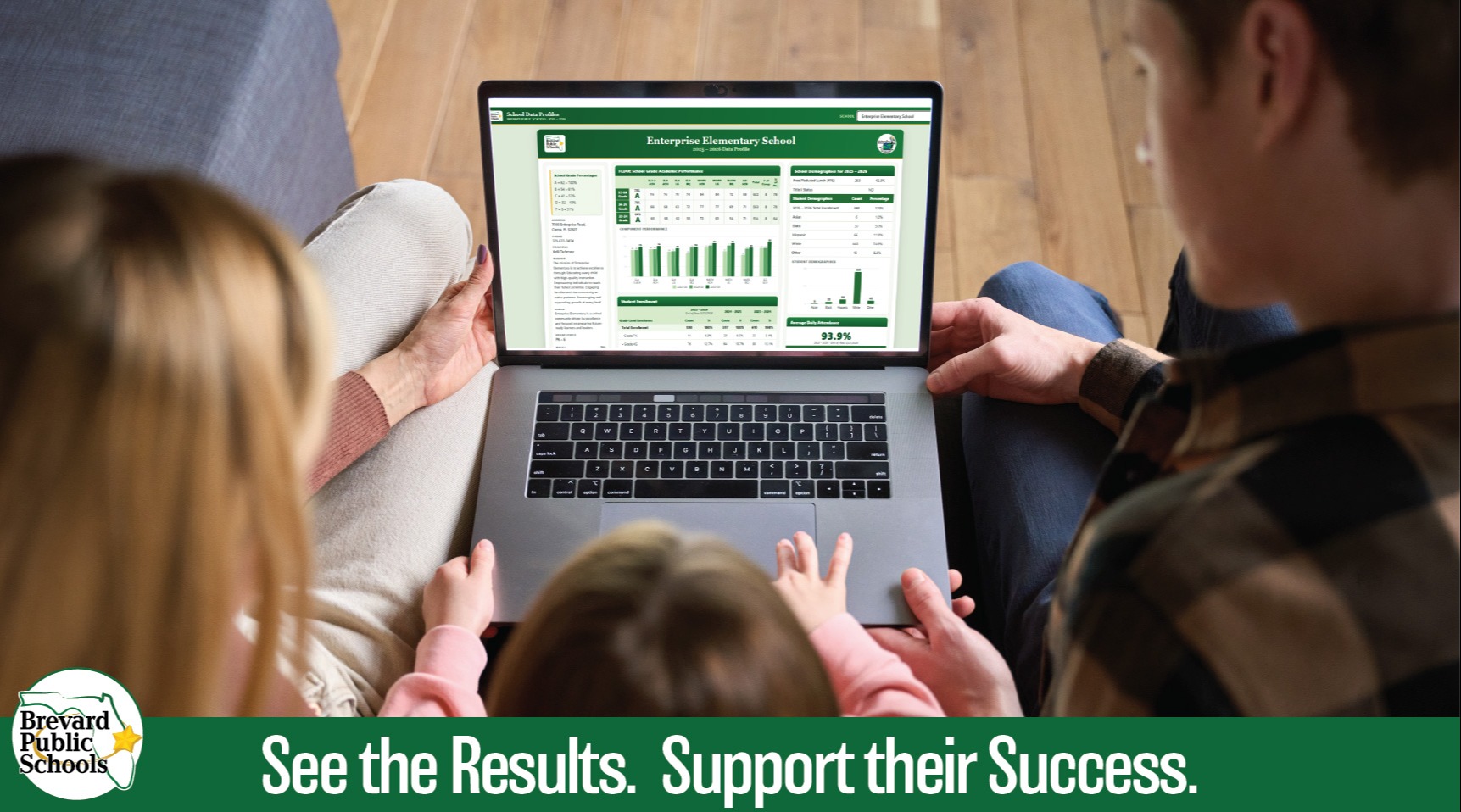 Picture of family looking at the school data report on a laptop. BPS logo and the words See the Results. Support their Success. below it. 