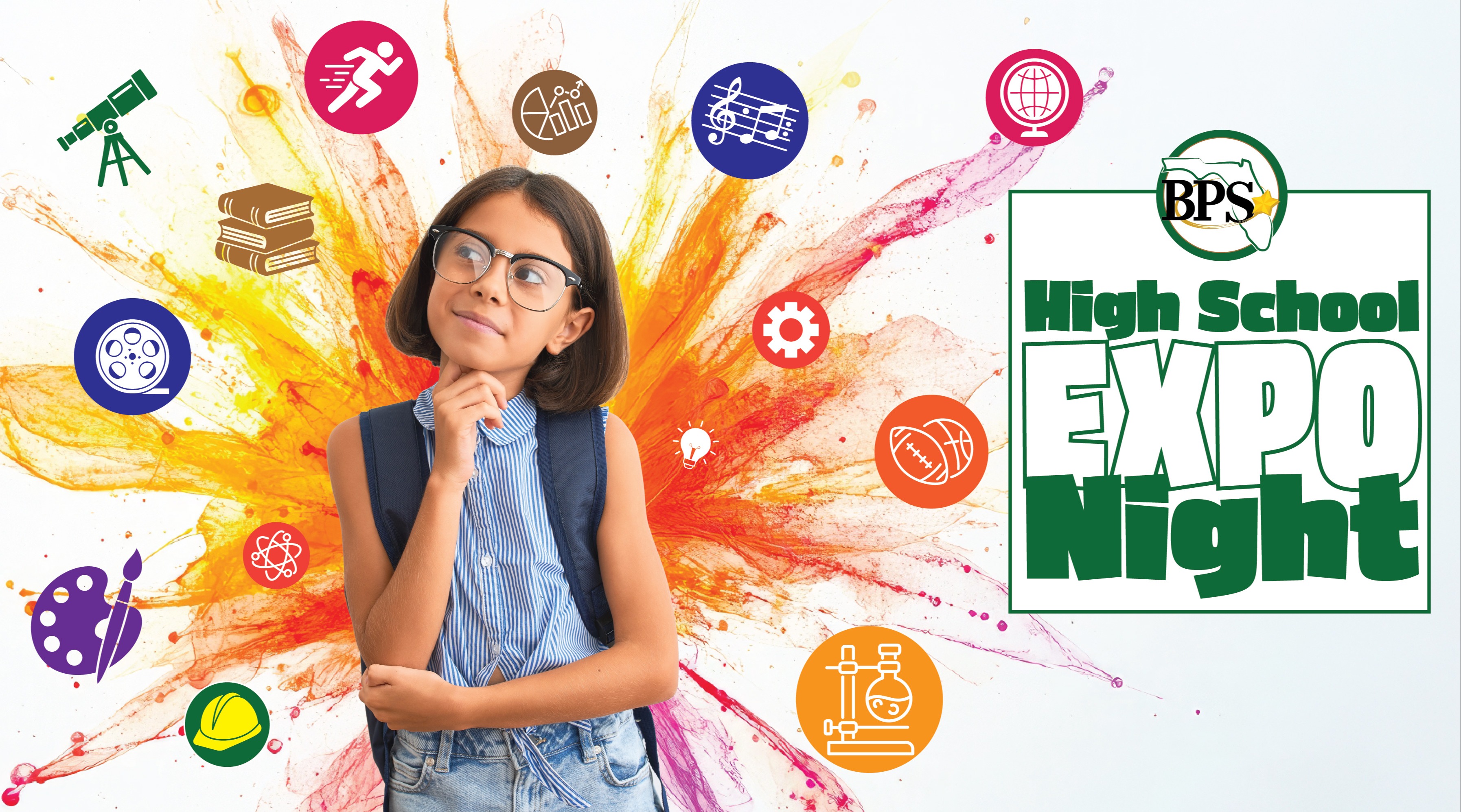 BPS High School Expo Night.Image of student thinking about all the curriculular options in High school represented by icons