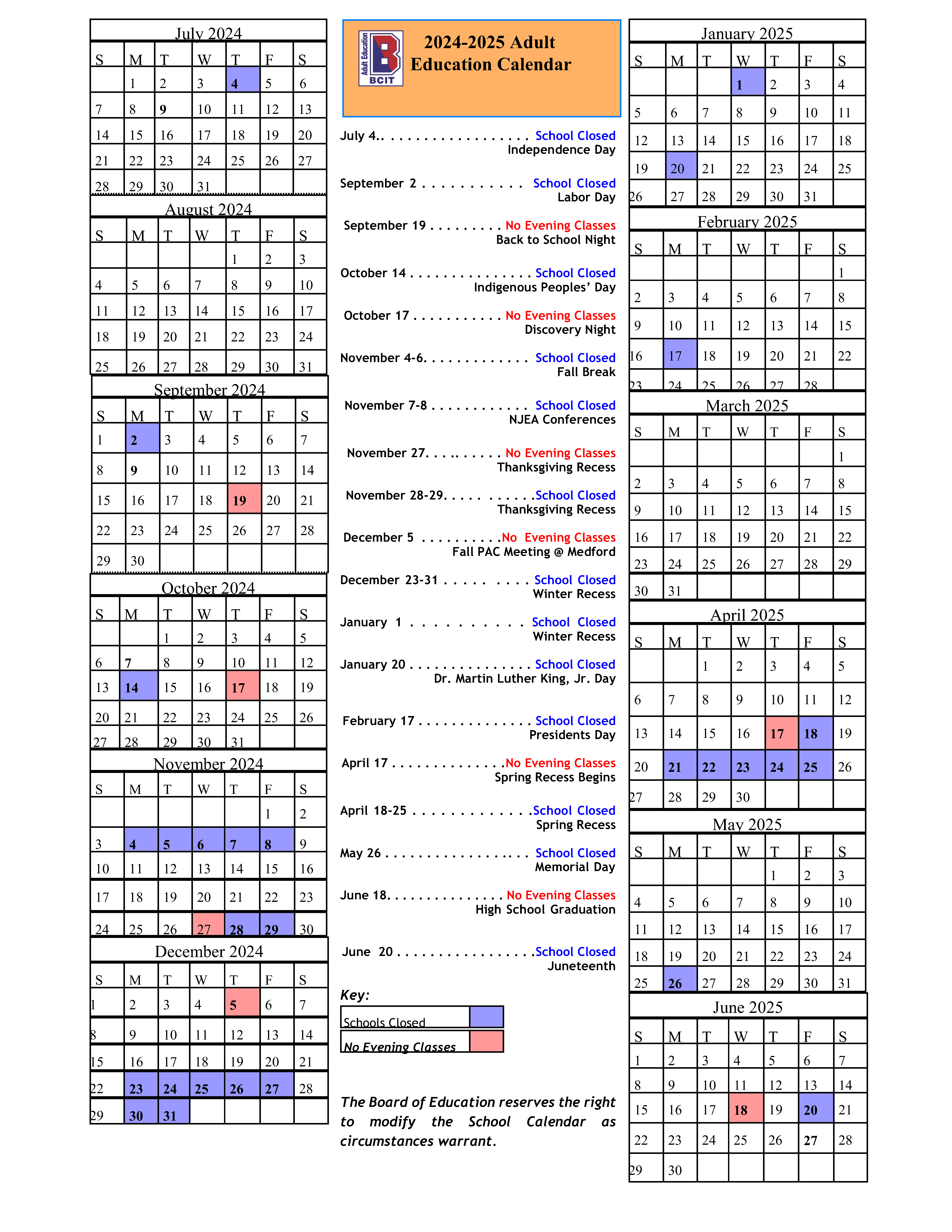 Adult Education Calendar, White background, red and blue boxes