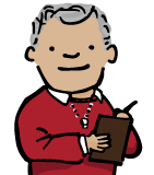 Career Coach Logo, Man with Gray Hair, Red Sweater, and Clipboard