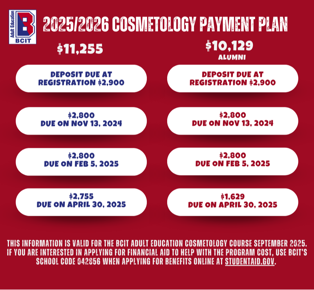 red background, white pill shaped text boxes, payment plan breakdown