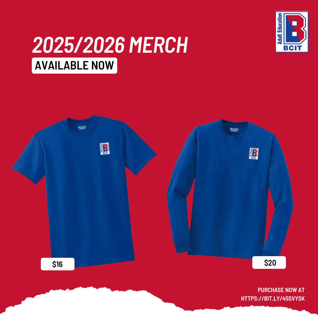 red background, blue bcit tshirts, link to purchase