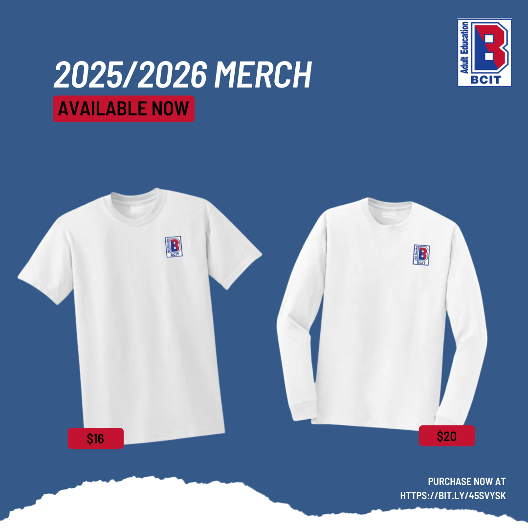 blue background, white bcit tshirts, link to purchase
