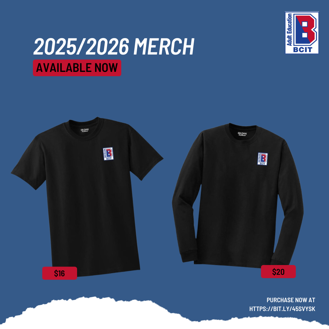 blue background, black bcit tshirts, link to purchase