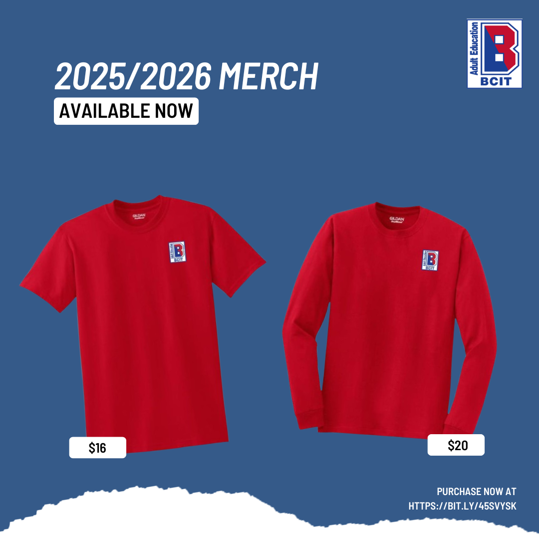 blue background, red bcit tshirts, link to purchase