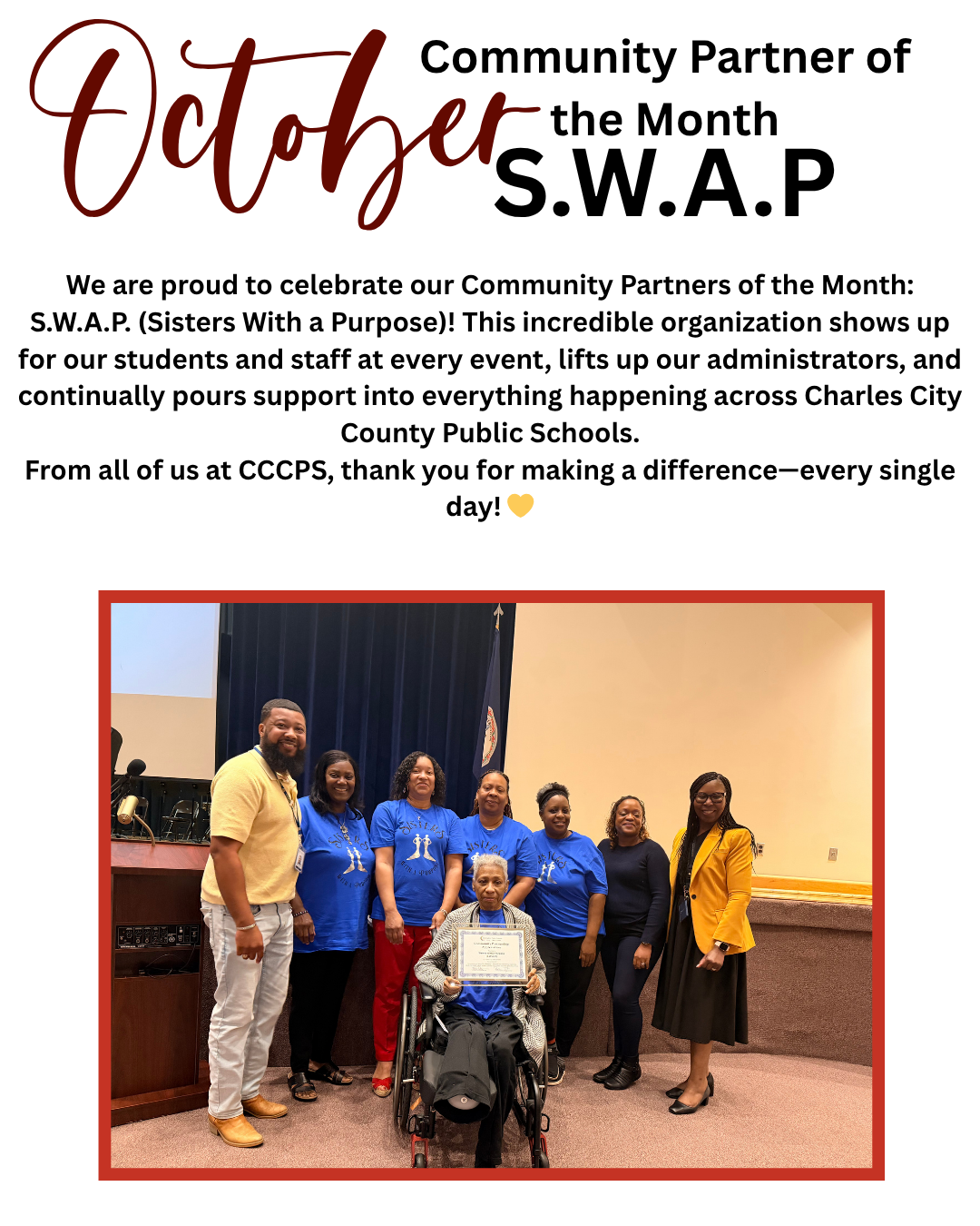 We are proud to celebrate our Community Partners of the Month: S.W.A.P. (Sisters With a Purpose)! This incredible organization shows up for our students and staff at every event, lifts up our administrators, and continually pours support into everything happening across Charles City County Public Schools. From all of us at CCPS, thank you for making a difference—every single day! 💛