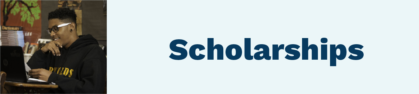 banner that says scholarships and a picture of a student looking at a laptop and smiling