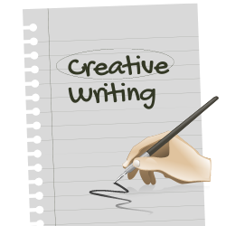 Creative Writing Notebook with a hand holding a pen