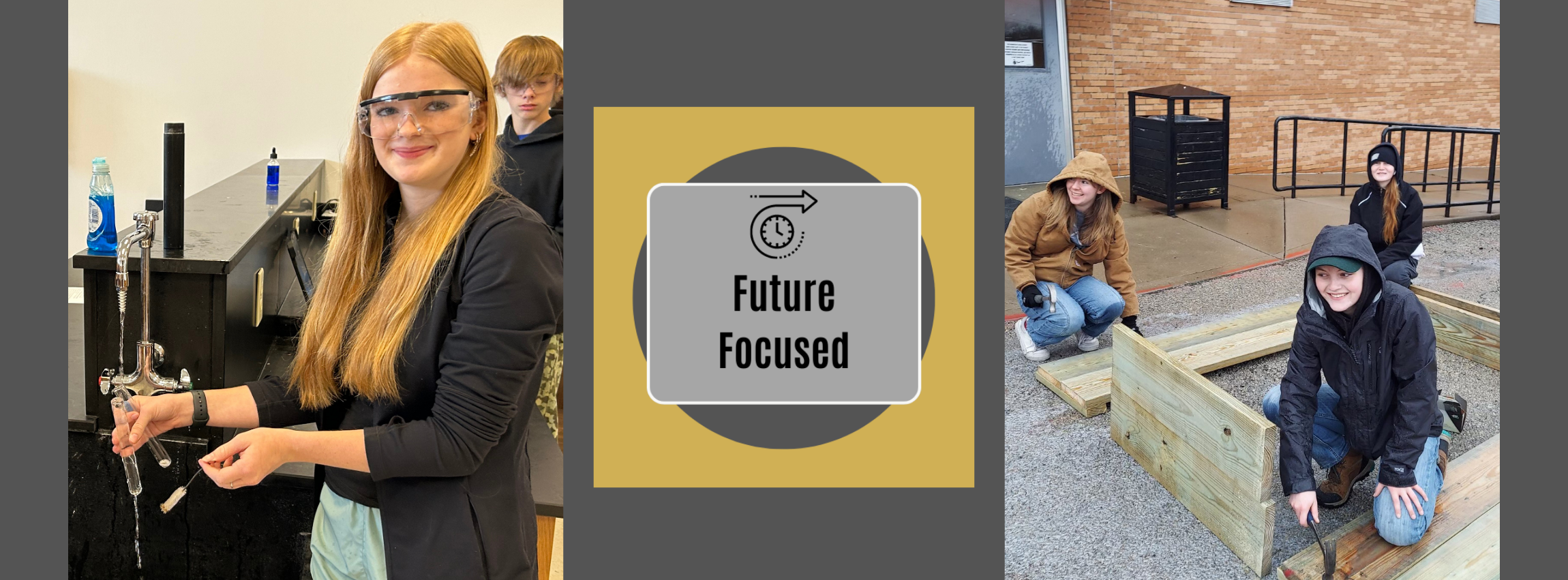 students in science class and outside building a garden bed