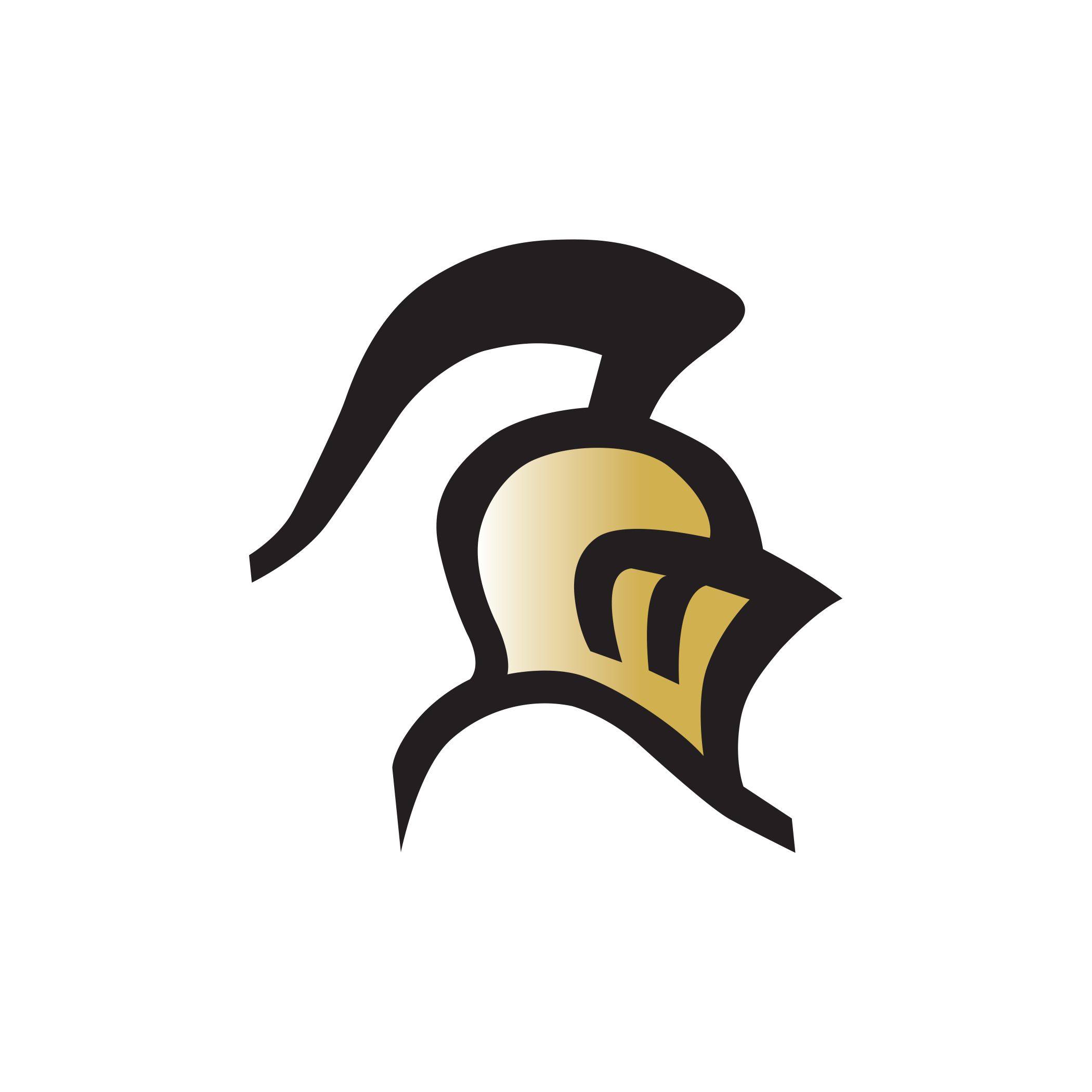 A logo featuring a stylized helmet with gold accents, black outline, and a plume on a white background.