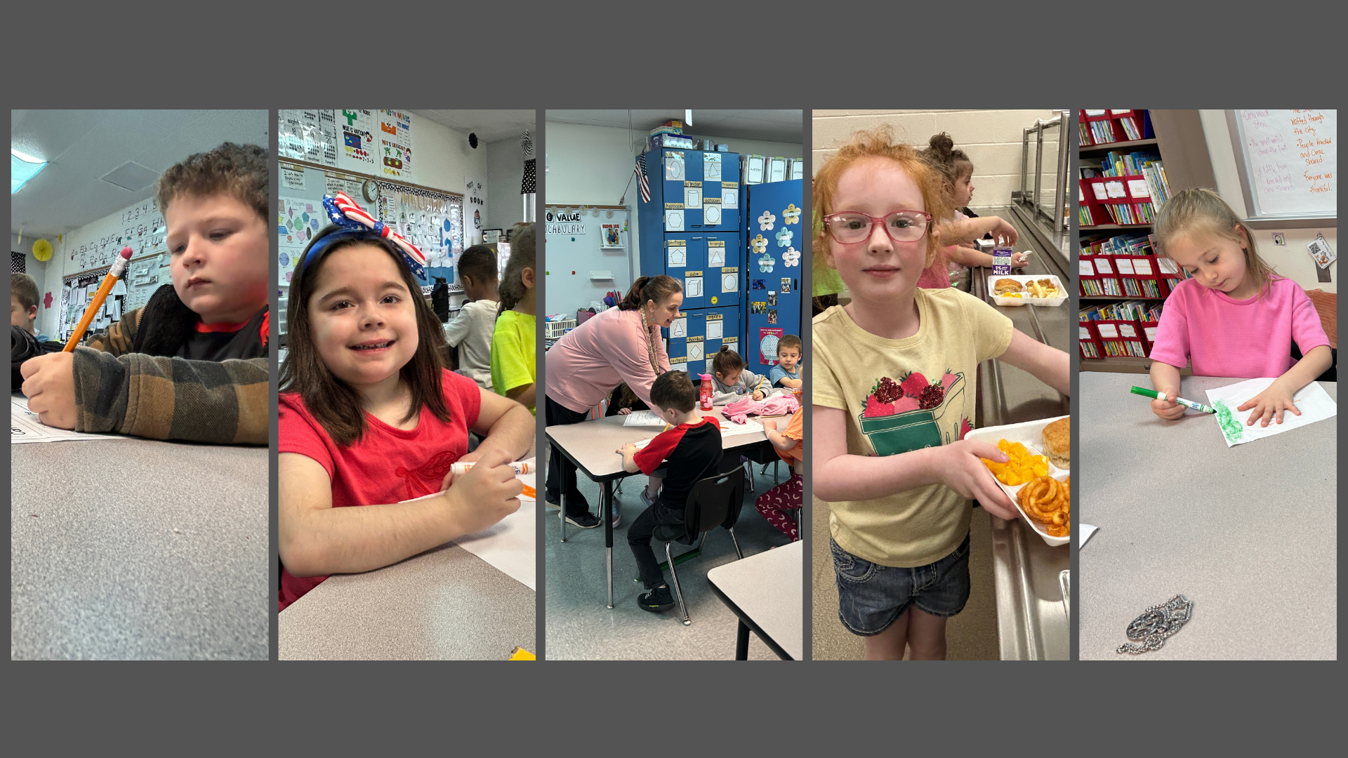 Collage of Kindergarten students writing in class and at lunch