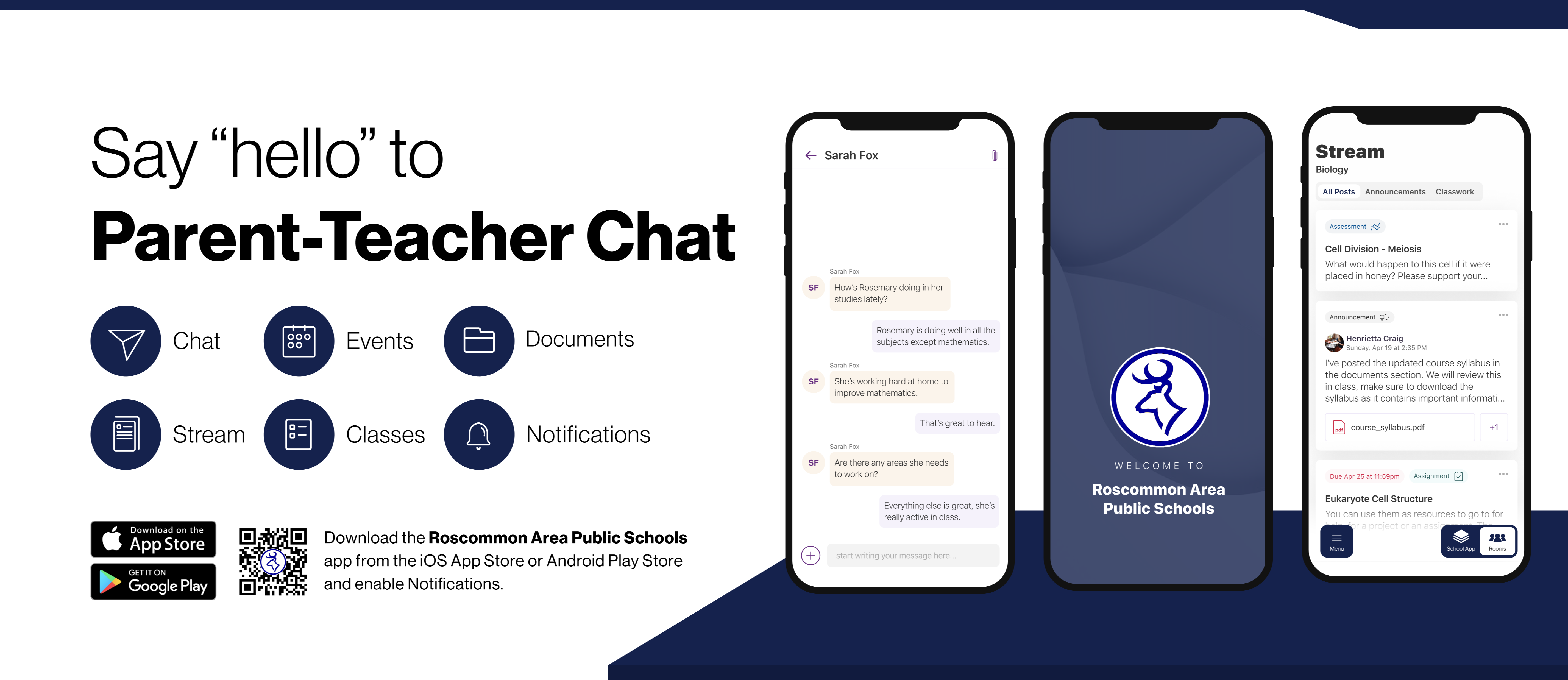 Say hello to Parent-Teacher chat in the new Rooms app. Download the (school name) app in the Google Play or Apple App store