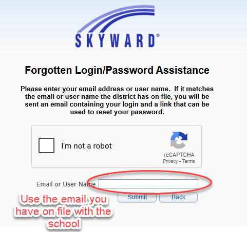 Enter email address on file