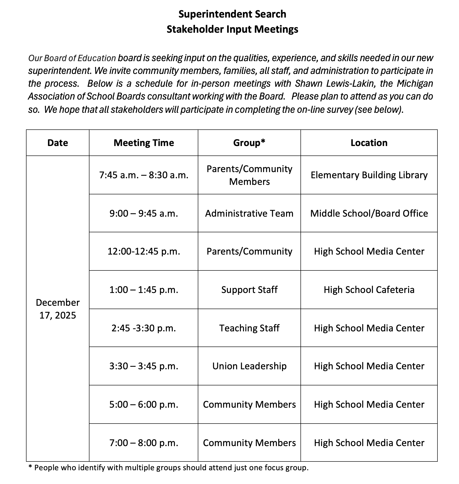 Schedule of Stakeholder Meetings