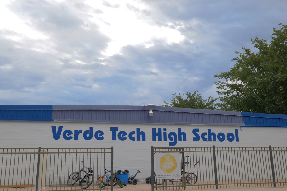 Verde Tech High School painted on their building