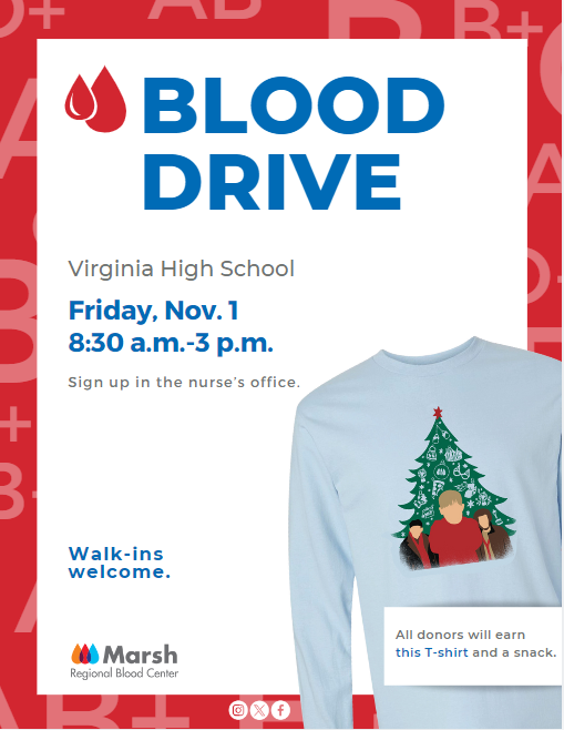 VHS Blood Drive on November 1st, 8:30-3:00.