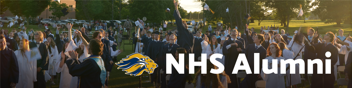 nhs alumnni header with graduates behind throwing their graduation hats