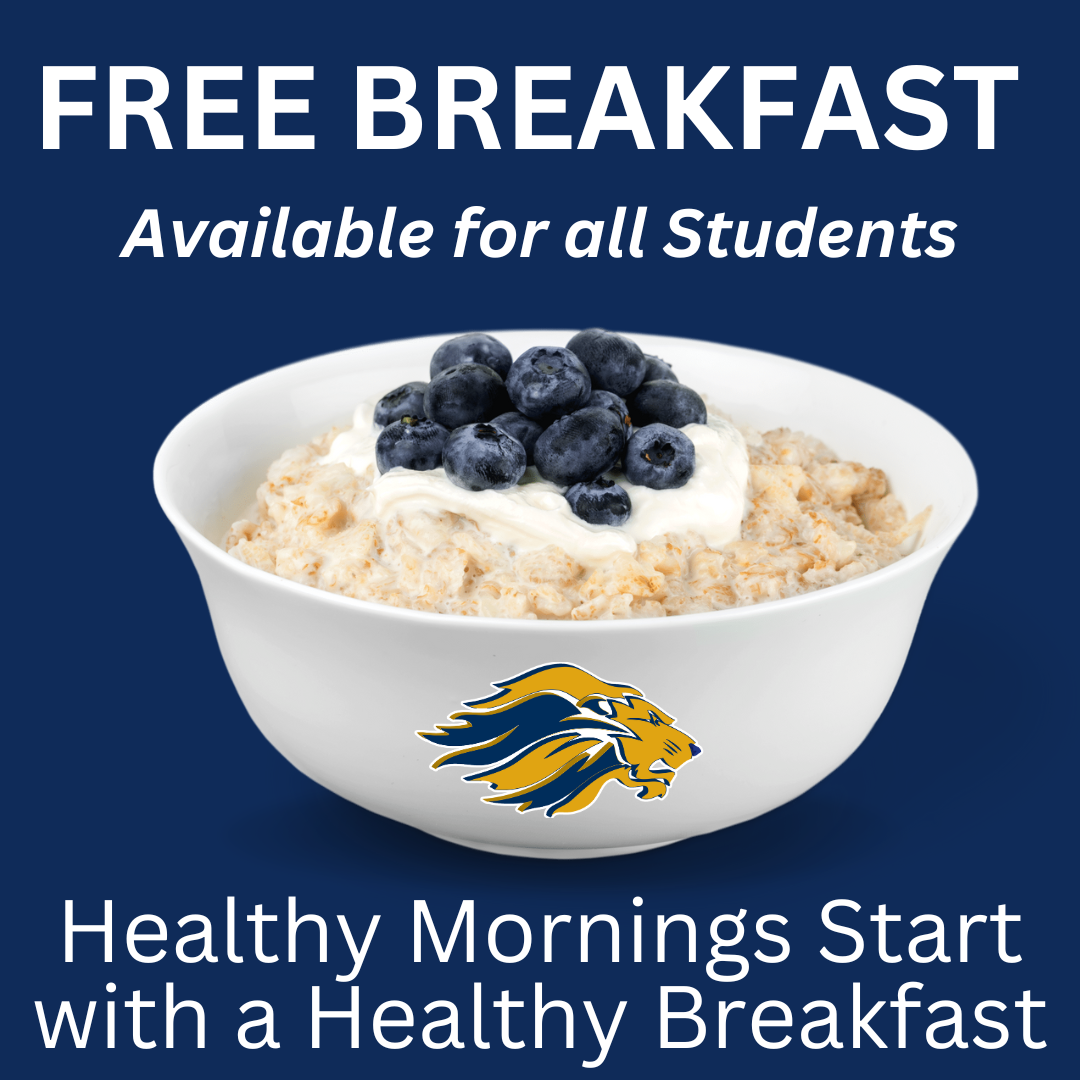 Free Breakfast for All Students with picture of oatmeal with blueberries