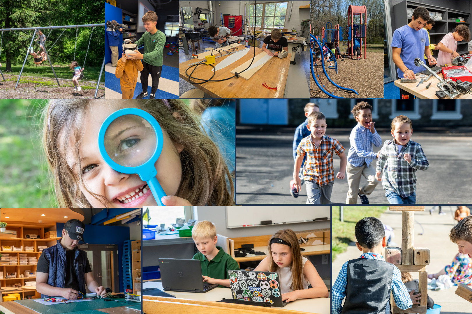 Collage of pictures of students engaging in STEAM and playground activities