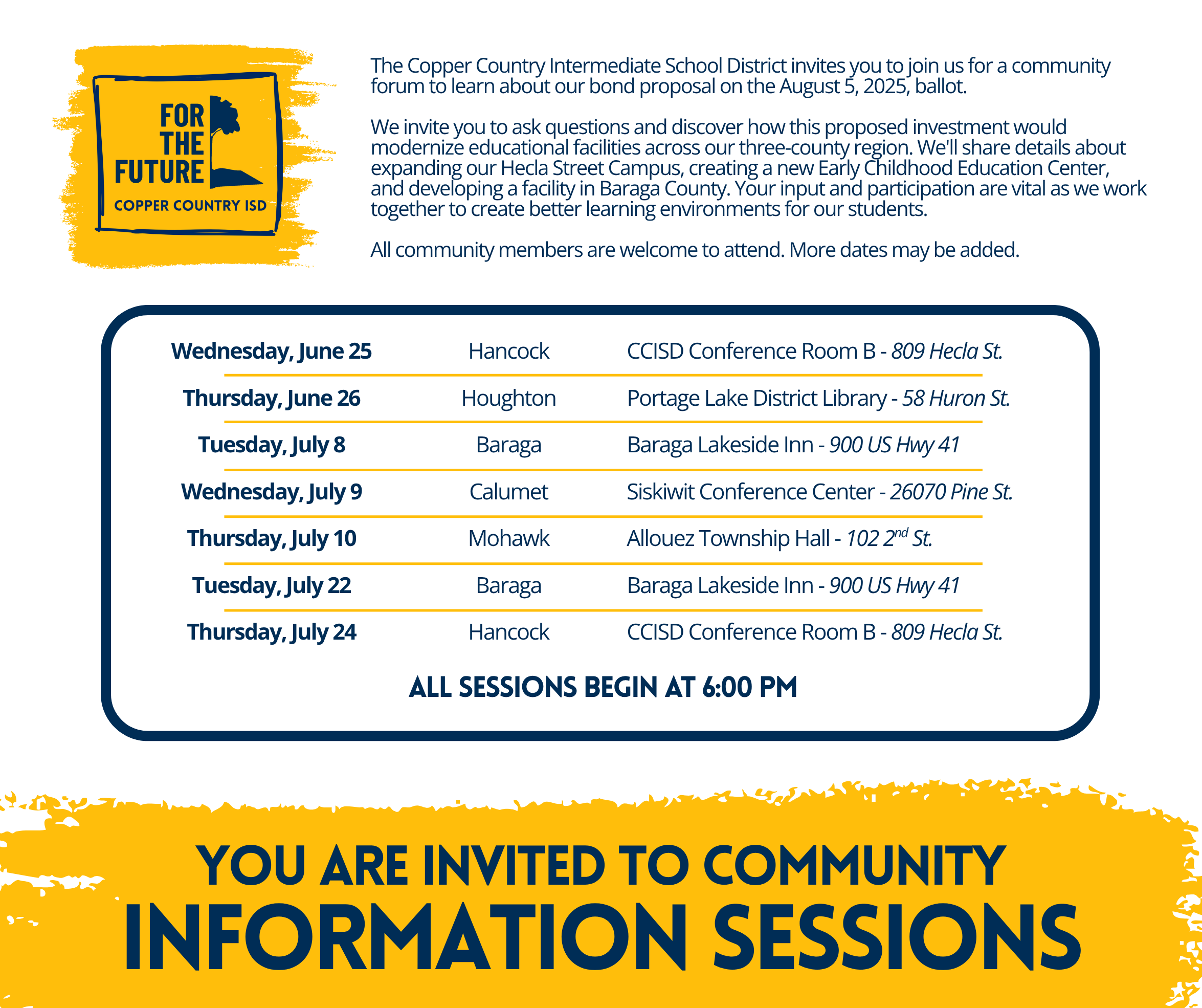 Schedule for Upcoming Informational Sessions for the Bond