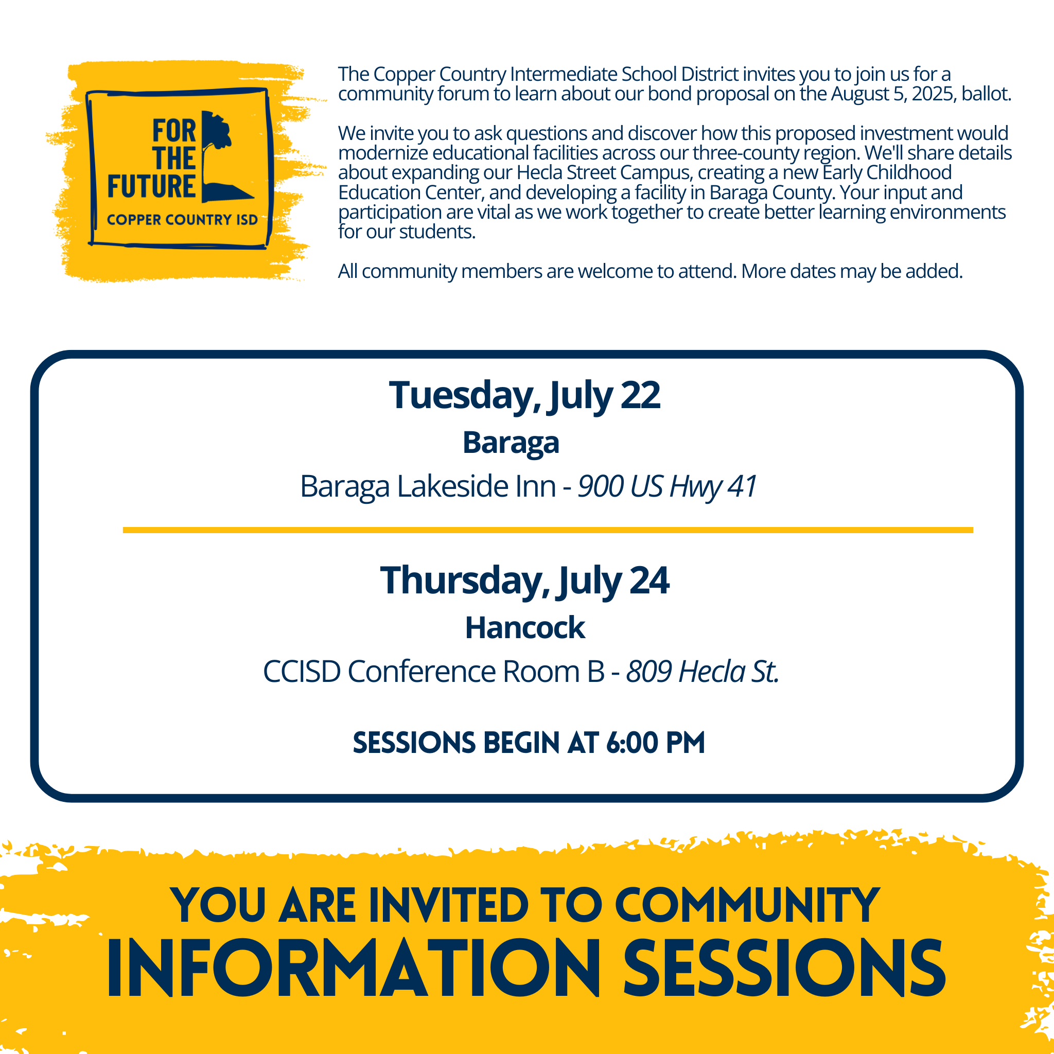 Schedule for Upcoming Informational Sessions for the Bond