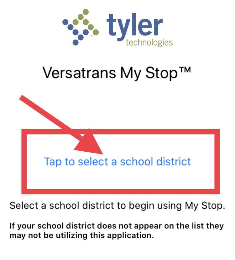 An image of the screen pointing to "select school district"