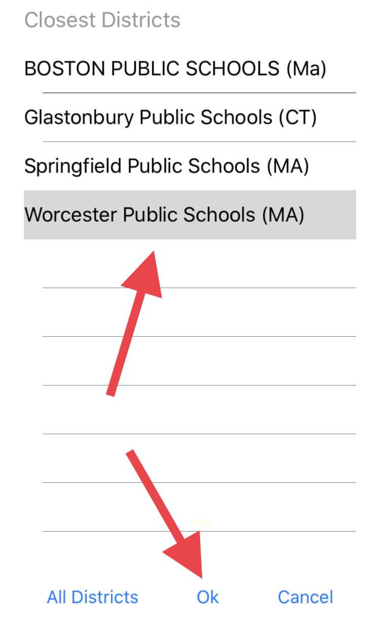 An image of the drop down menu showing the listing of school districts.