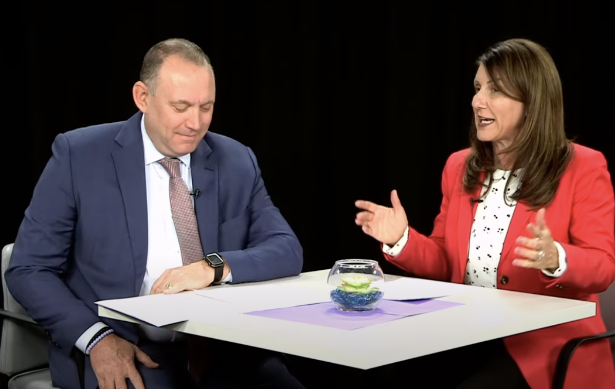 Brian Allen and Rachel Monárrez on a TV set