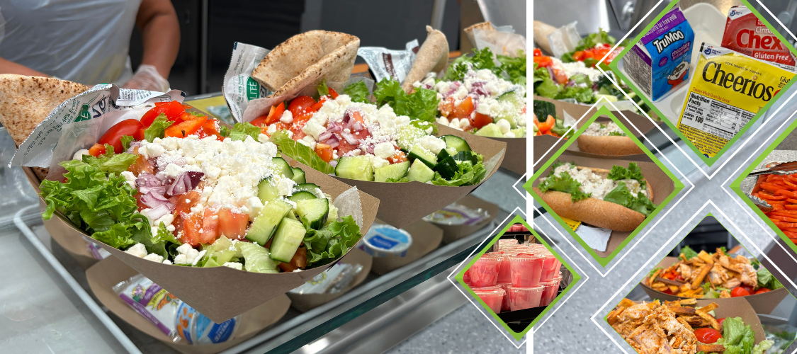 A display of fresh salads, sandwiches, and sides, ready to serve.