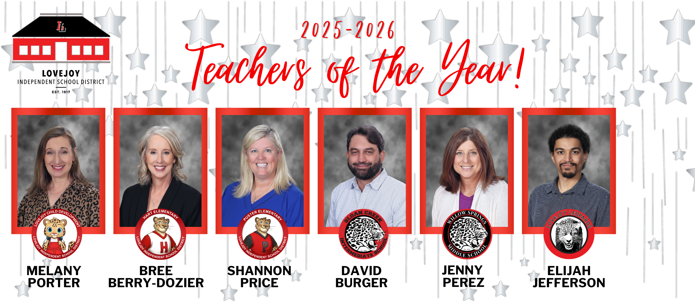 Display of six people's photos for "Teachers of the Year 2025-2026". Each person's name is listed below their photo.