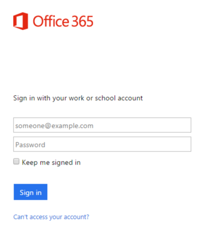 Office365 Login page with example of blank user id field and password. The blue sign-in button at the bottom.