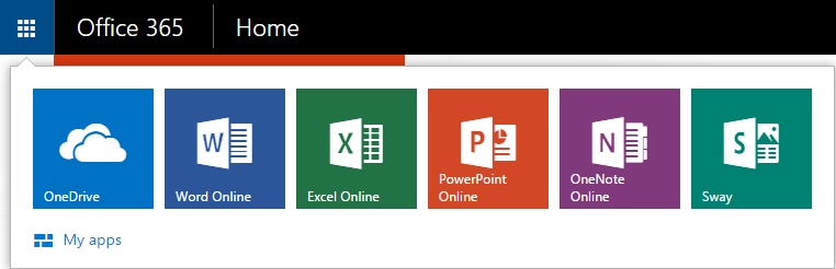 office programs shown across the top right corner after logging into the Office 365 Website.