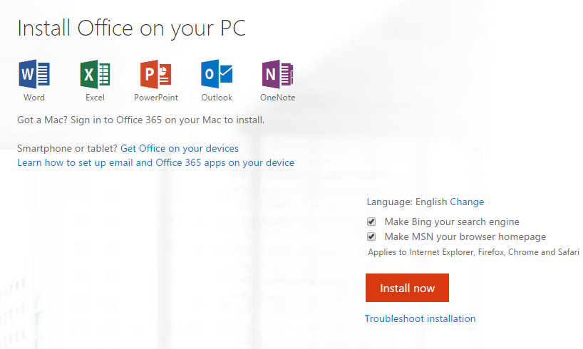 office install now imagem showing Word, Excel, PowerPoint, Outlook, and OneNote icons. The bright orange Install Now button to the buttom right.