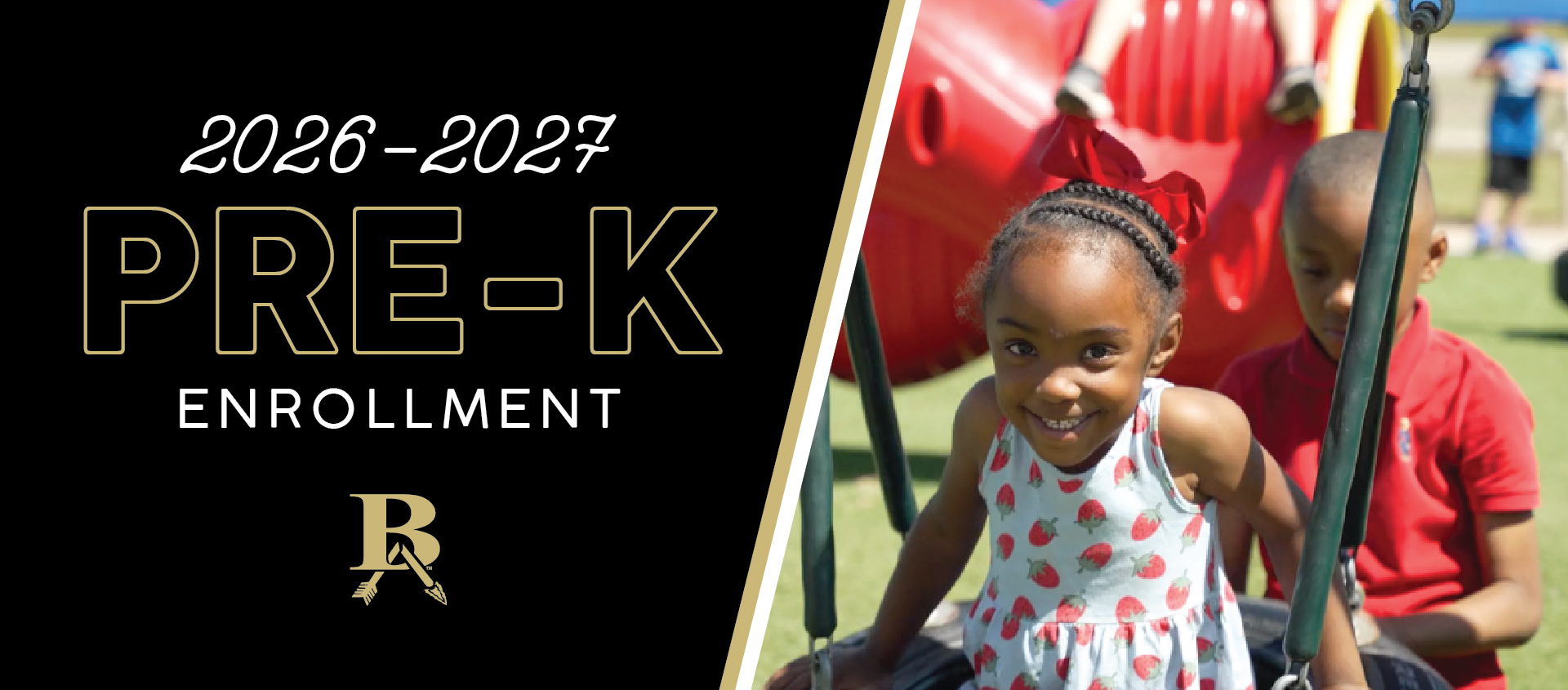 Graphic with wwo Broken Arrow Pubic Schools students on a tire swing. Wording on the graphic : "2026-2027 Pre-K Enrollment"