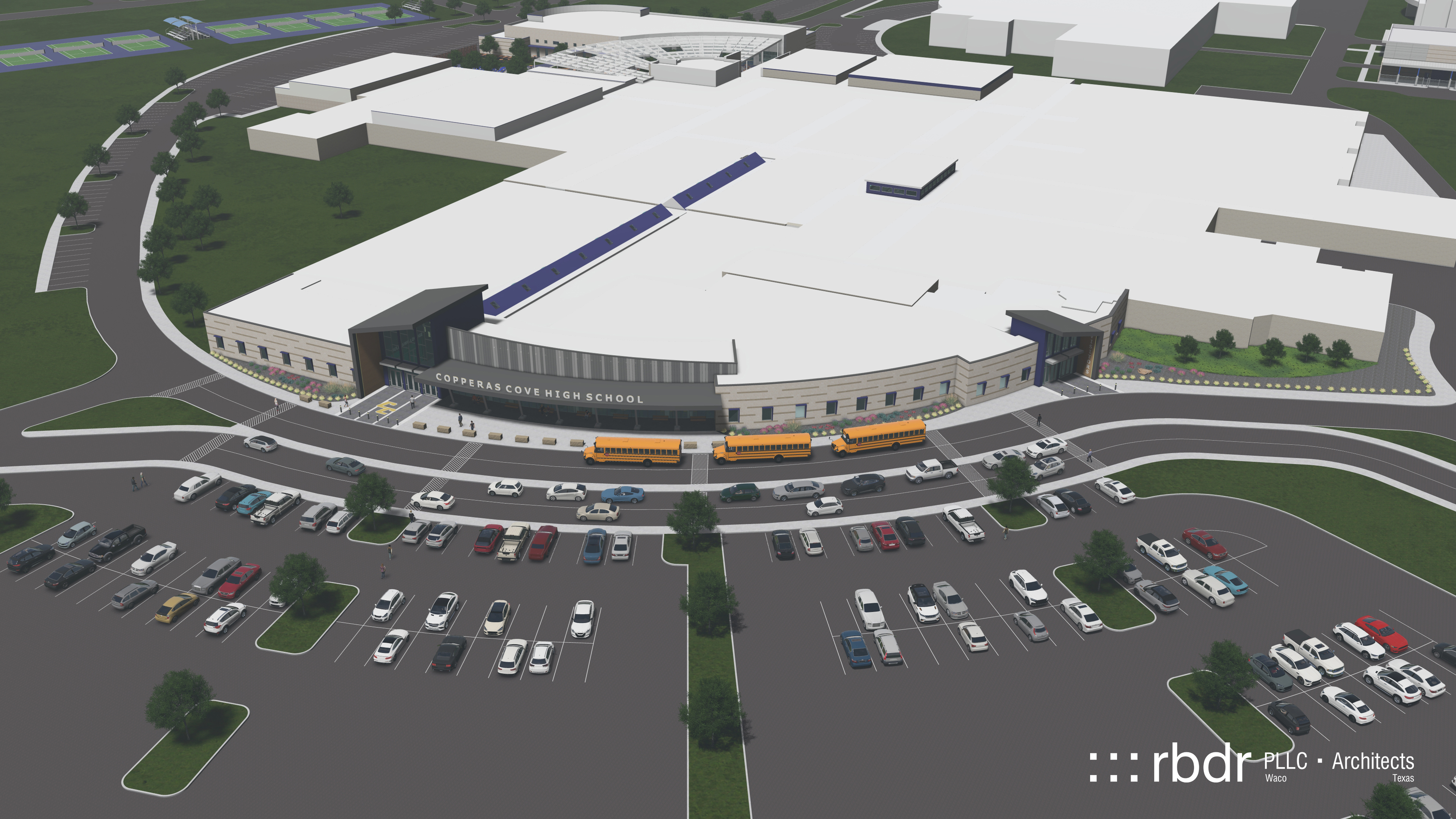 Architectural rendering of proposed front of a renovated Copperas Cove High School.