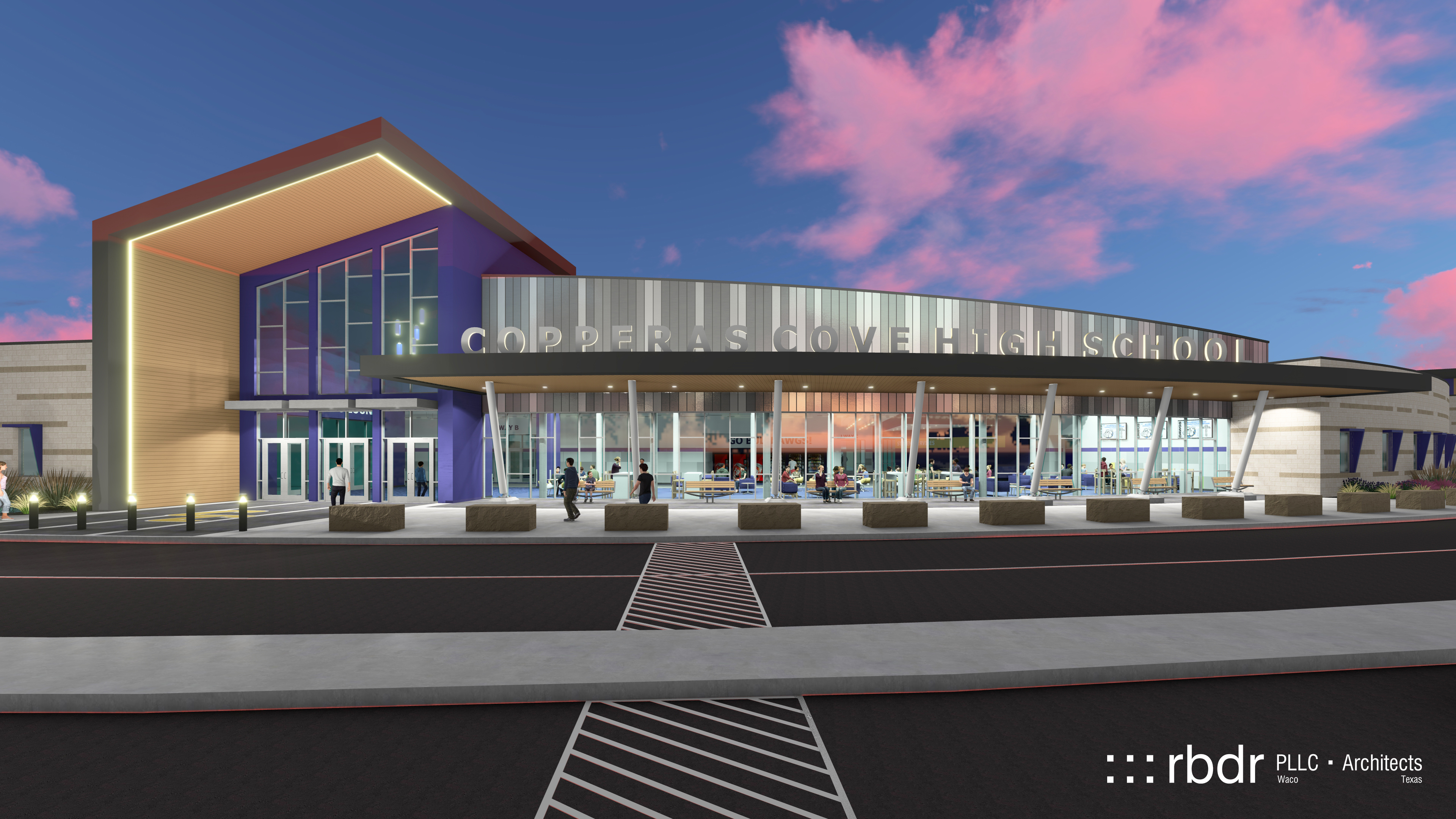 Architectural rendering of proposed front of a renovated Copperas Cove High School.